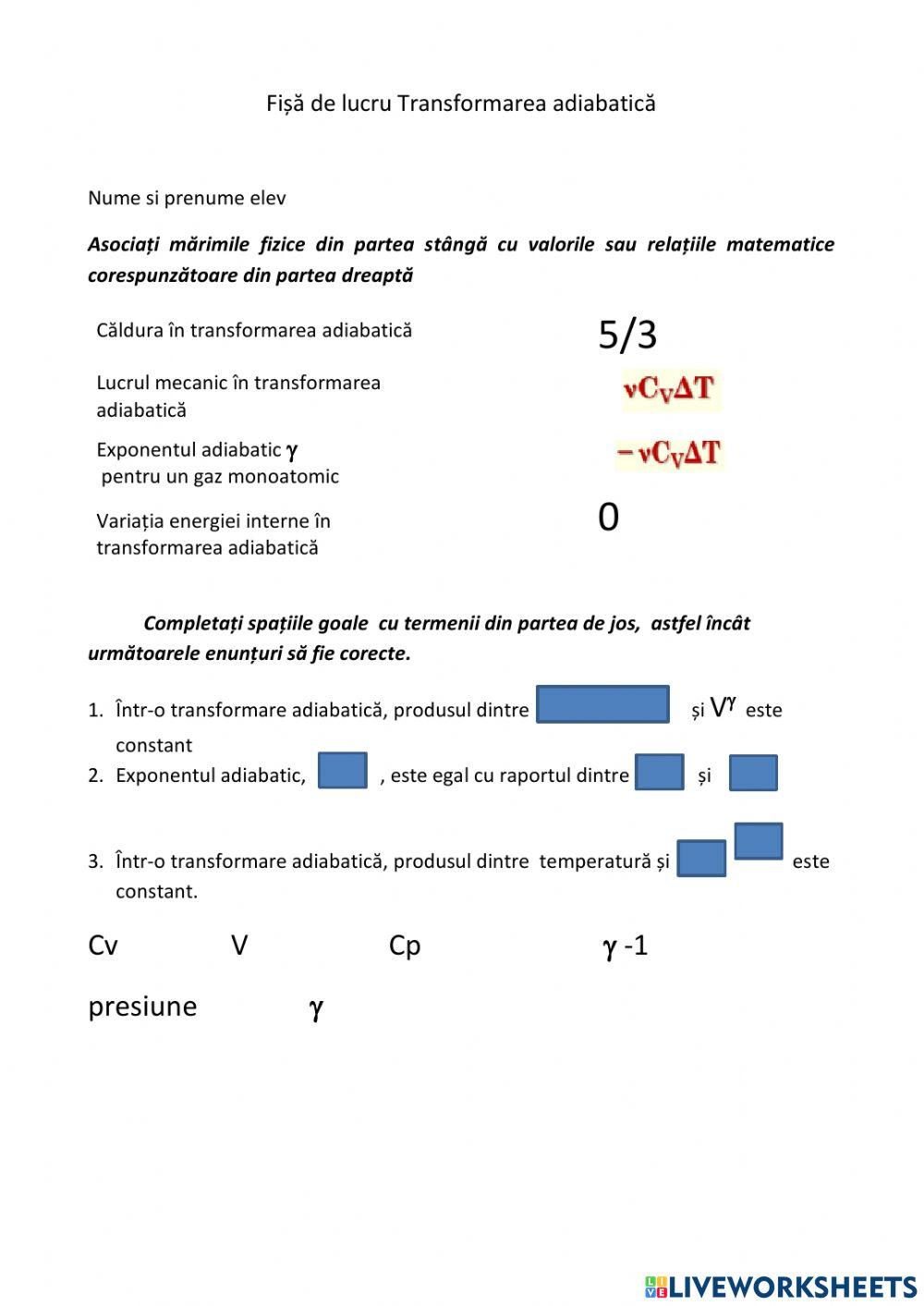 Fisa de lucru transformarea adiabata