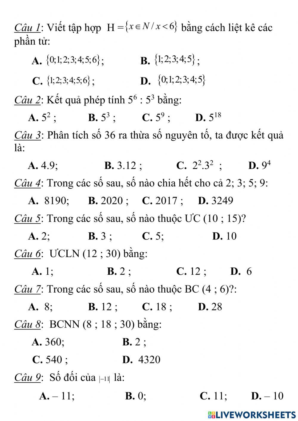 Trắc nghiệm HK1 Toán 6 1