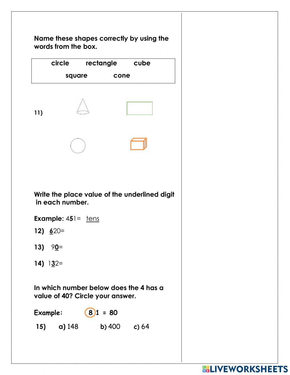 Mathematics test class 1 2020 2021 online exercise for live worksheets