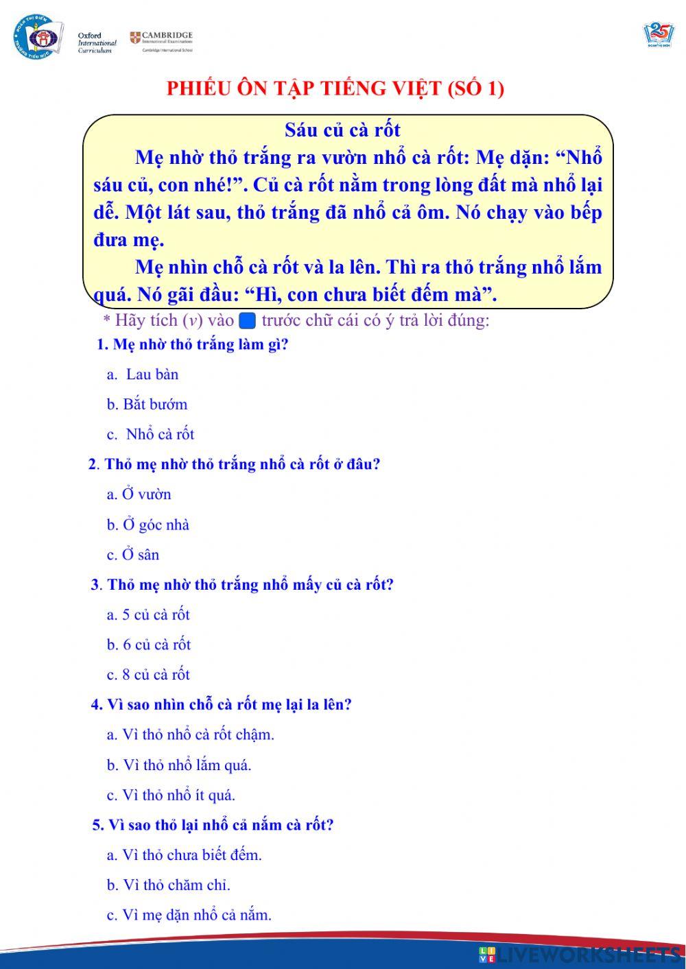 Phiếu Tiếng Việt đọc ôn tập số 1