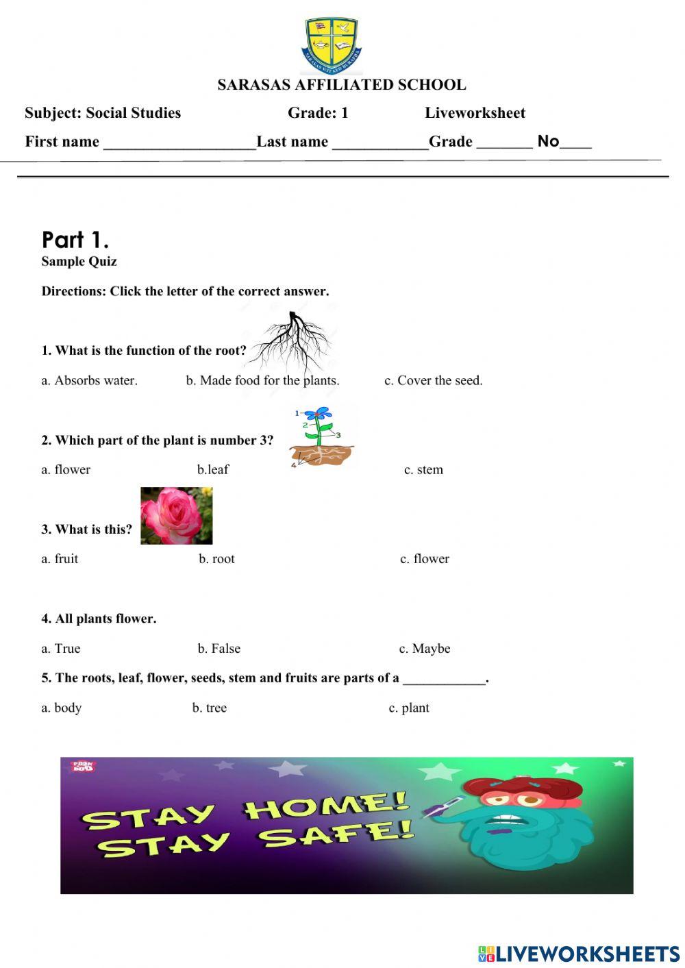 Science ( Liveworksheet No. 1 ) Plants