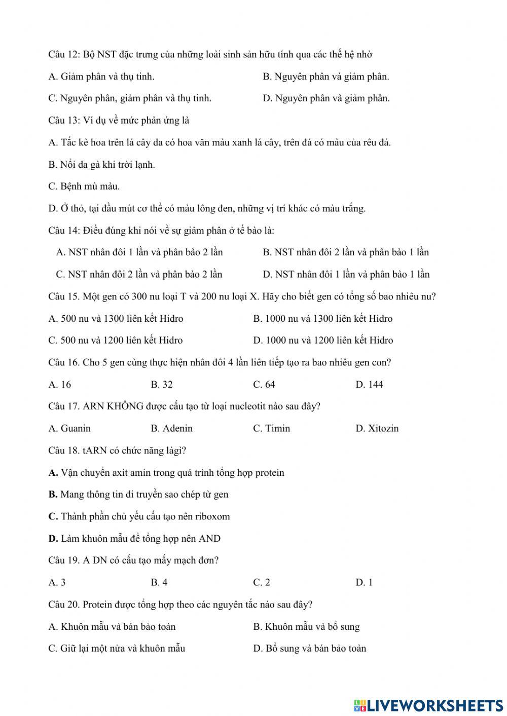 Phiếu bài tập số 2 sinh 9  cuối ki 1