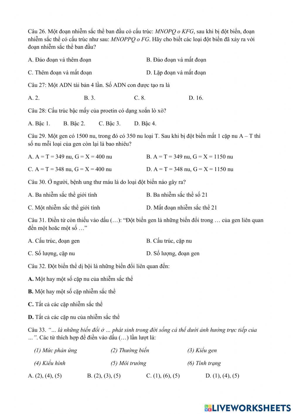 Phiếu bài tập số 2 sinh 9  cuối ki 1