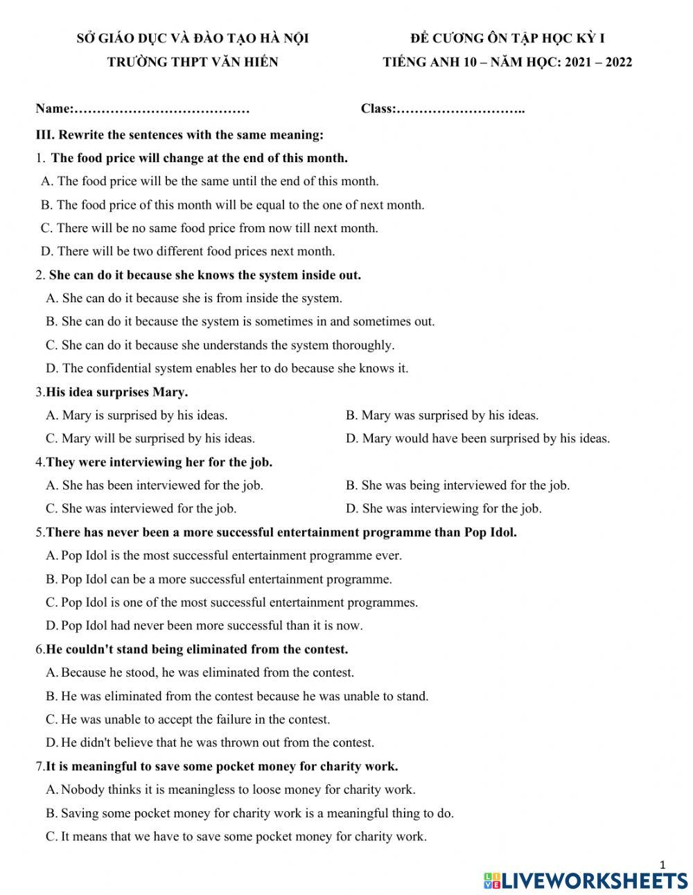 ĐỀ CƯƠNG ÔN TẬP HK1 - ANH 10 (Phần 2)