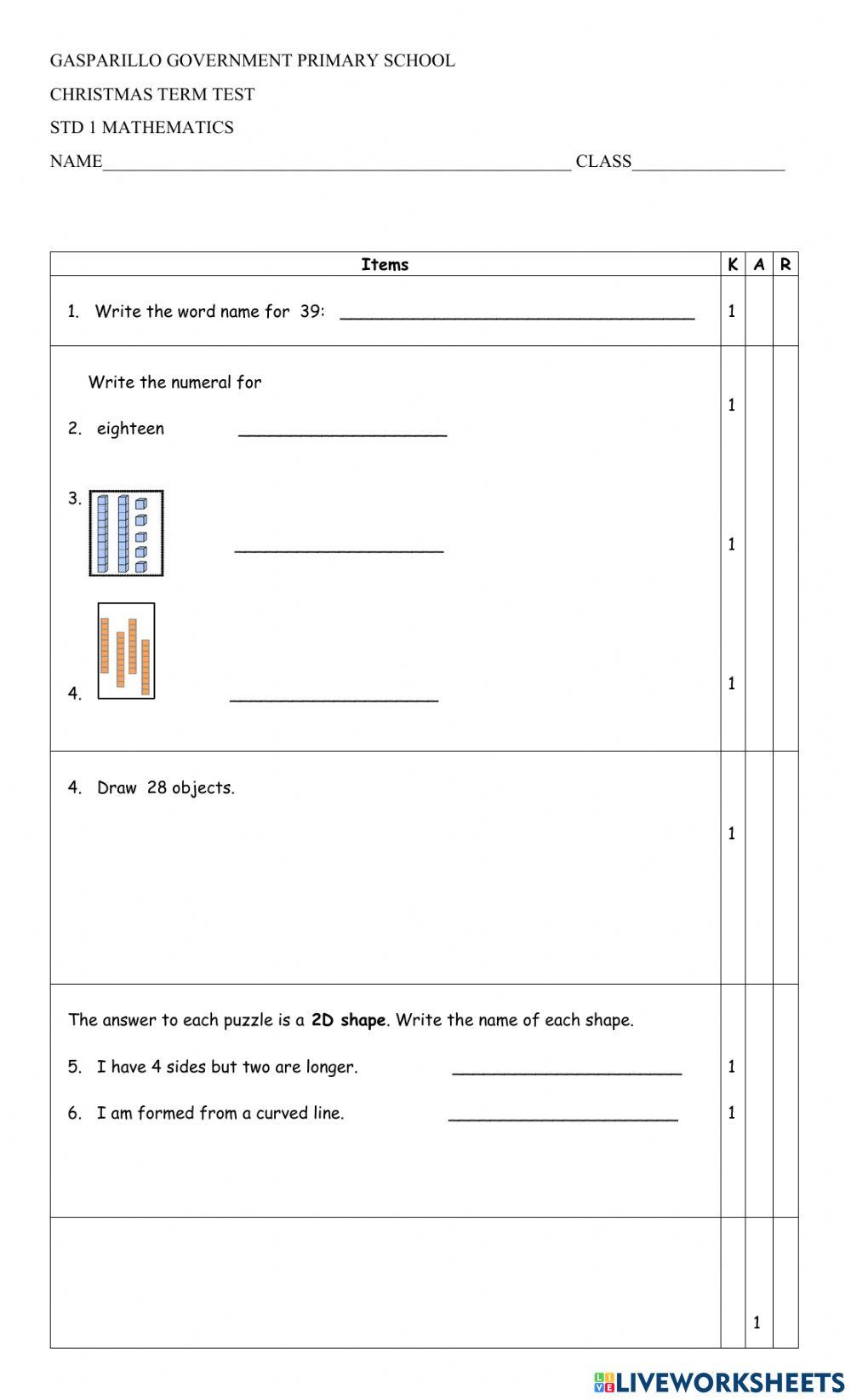 Mathematics Assessment 4250830 | charlenemaharaj76 | Live