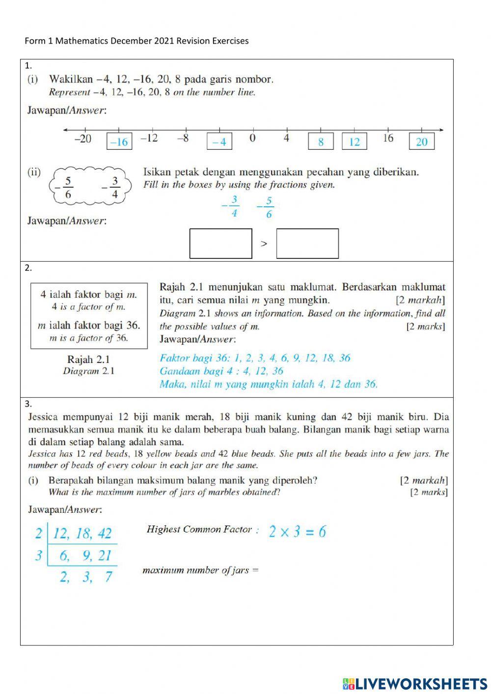 Form 1 Mathematics Revision Exercises 3502508 | alexpoon