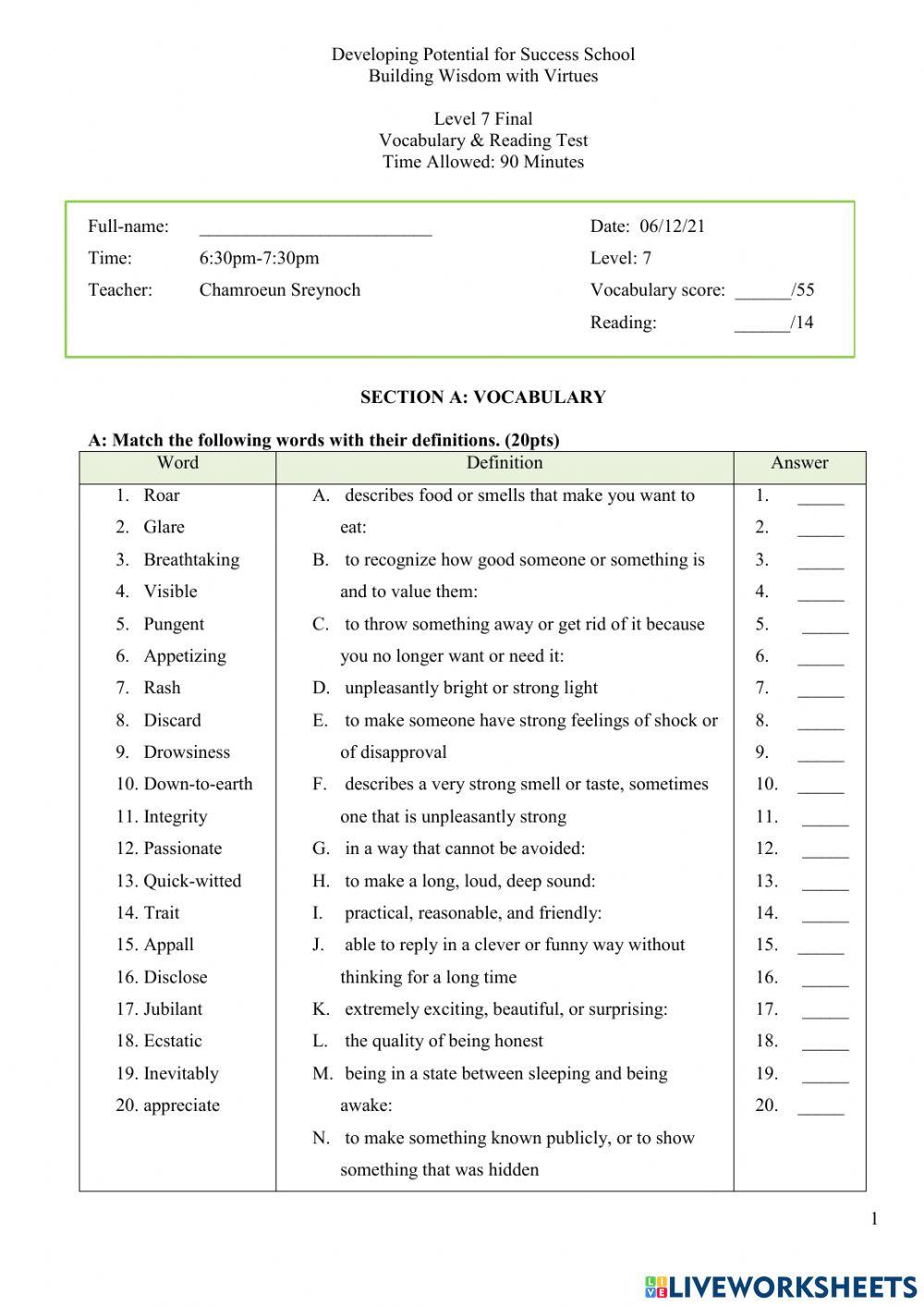 Vocabulary and Reading Test