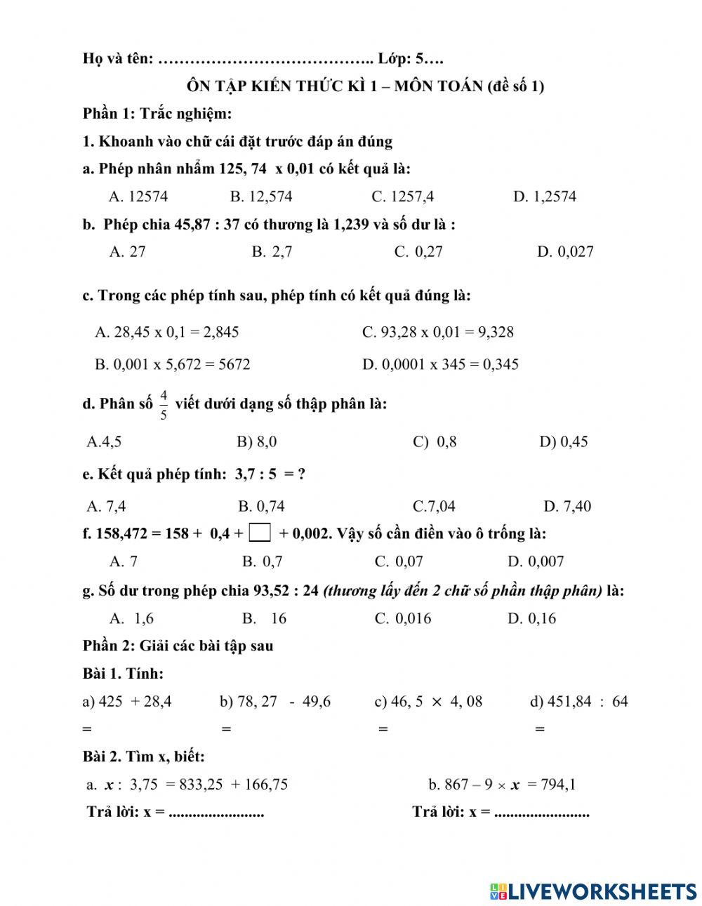 Ôn toán học kì 1