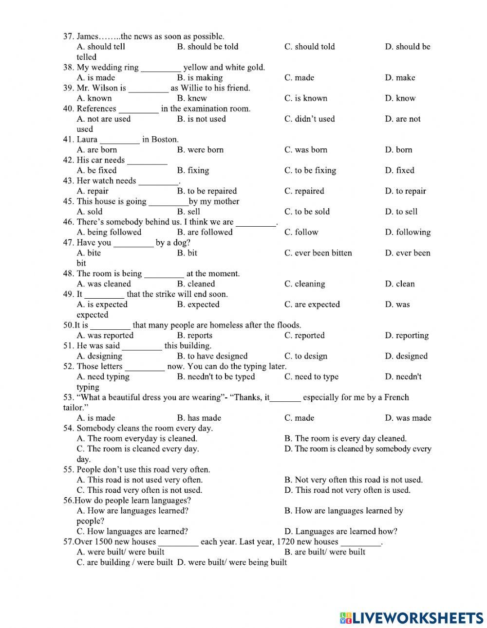 Grade 12 - Passive Voice - Homework