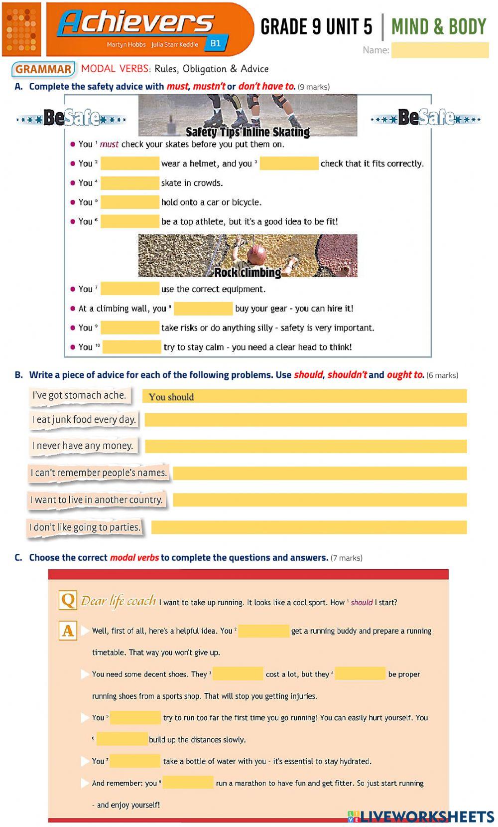 Grade 9 Unit 5 Mind and Body - Modals (rules, obligation - advice)