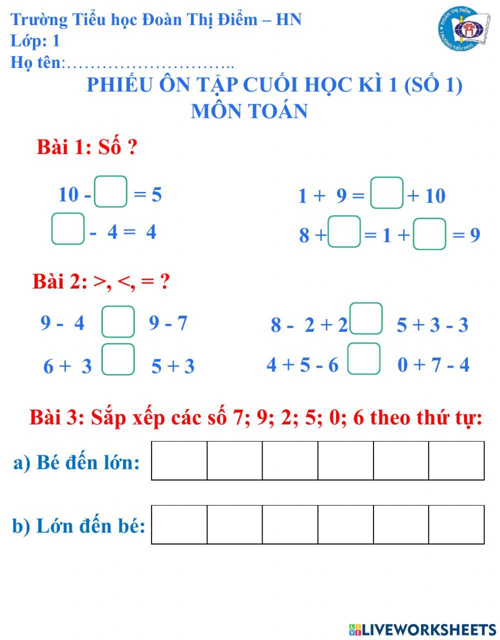 Phiếu ôn tập Toán số 1