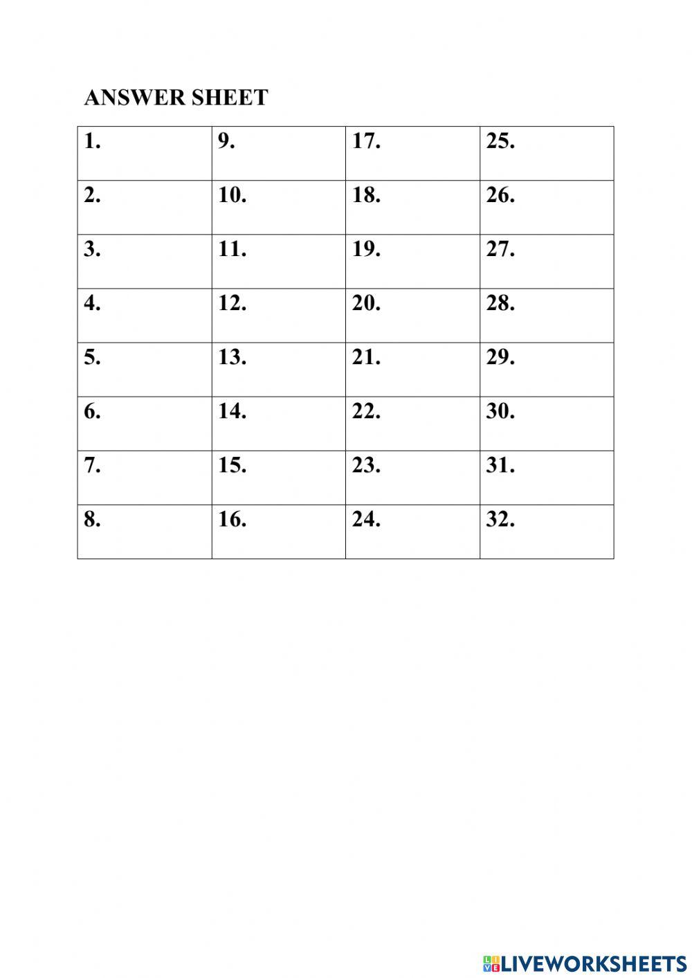 Answer sheet exercise for 10 | Live Worksheets