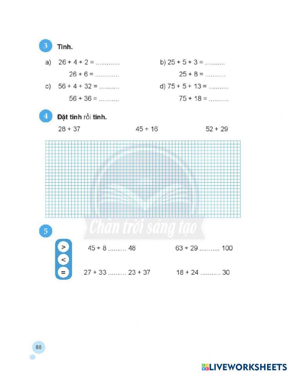 Phiếu bài tập toán trang 88 lớp 2