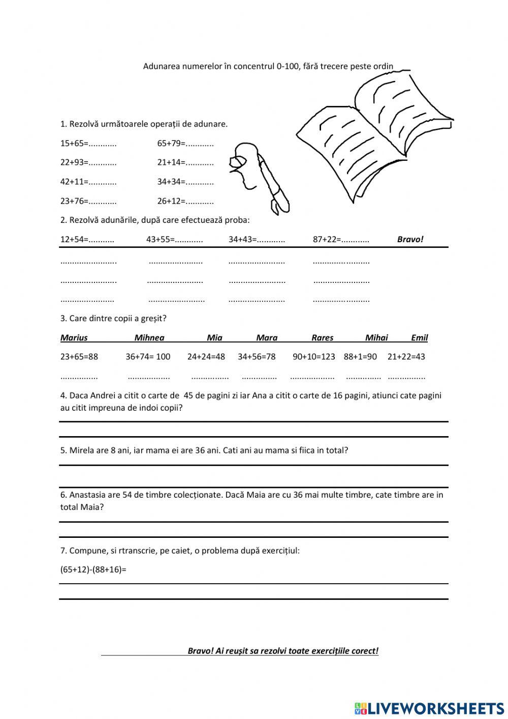 Adunarea numerelor in concentrul 0-100, fara trecere peste ordin