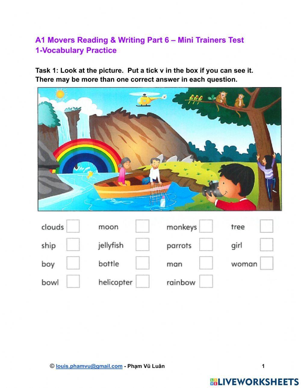 A1 Movers Reading & Writing Part 6 – Mini Trainers Test 1-Vocabulary Practice