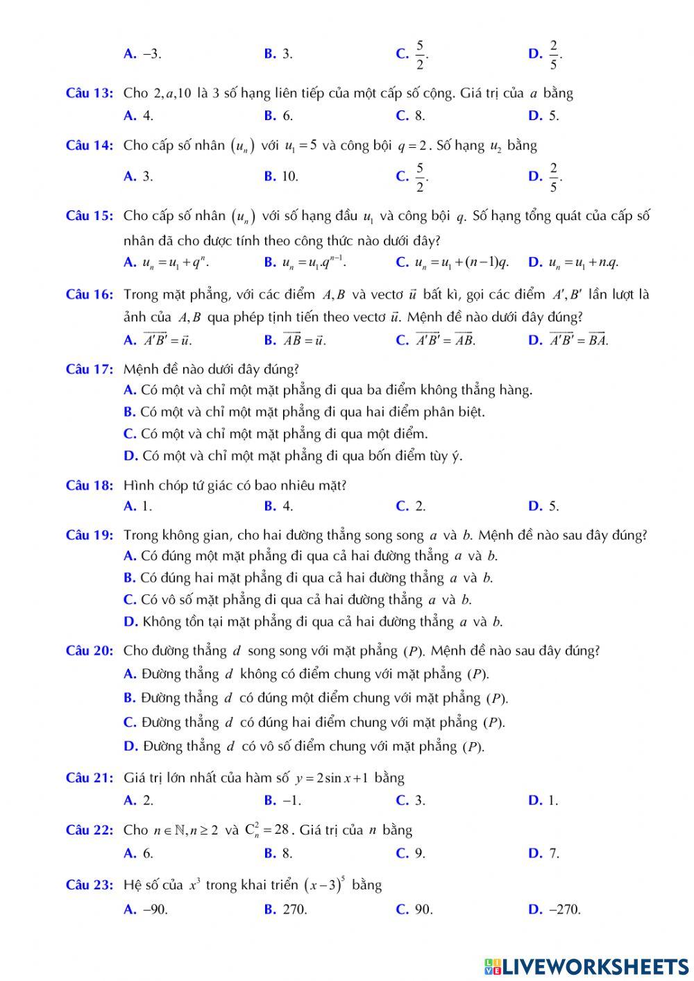 Toán 11 - Kiểm tra CK1 - Đề số 01