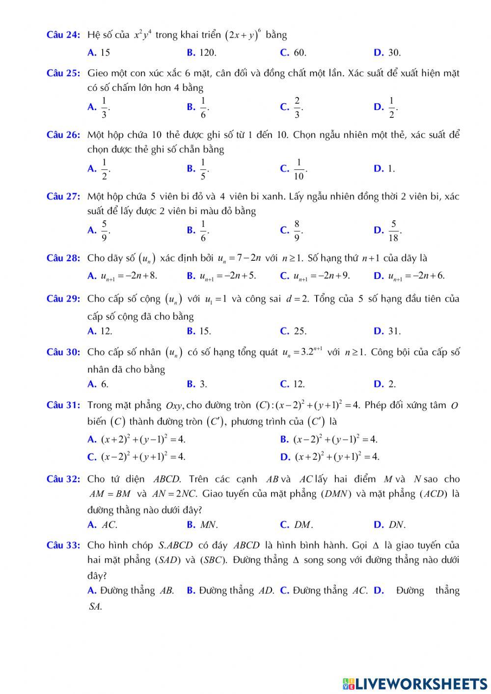 Toán 11 - Kiểm tra CK1 - Đề số 01