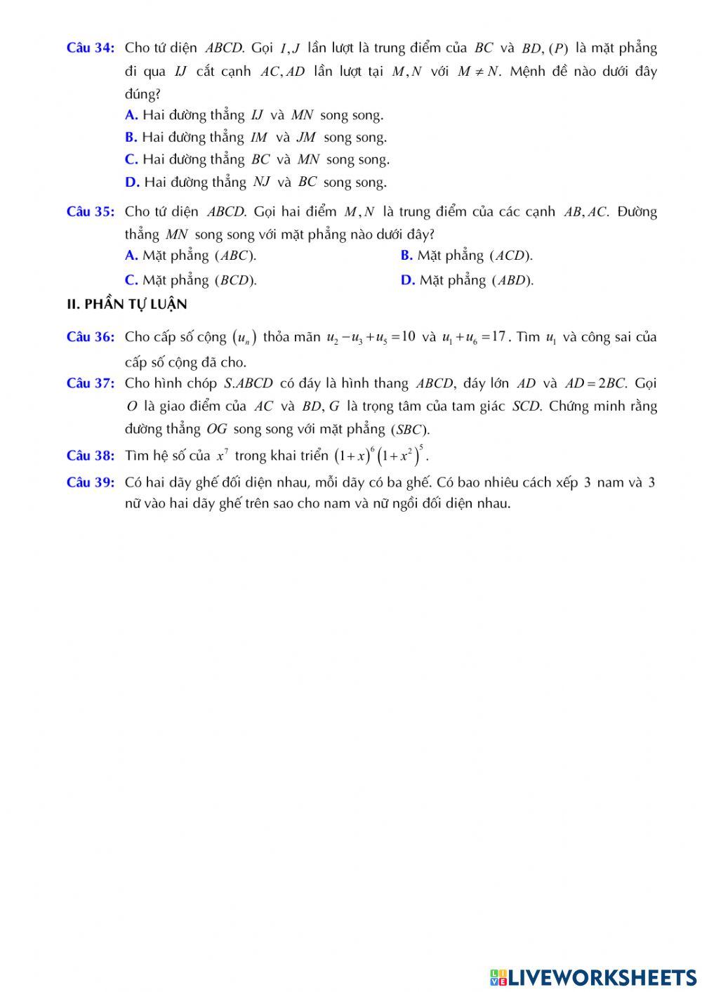 Toán 11 - Kiểm tra CK1 - Đề số 01