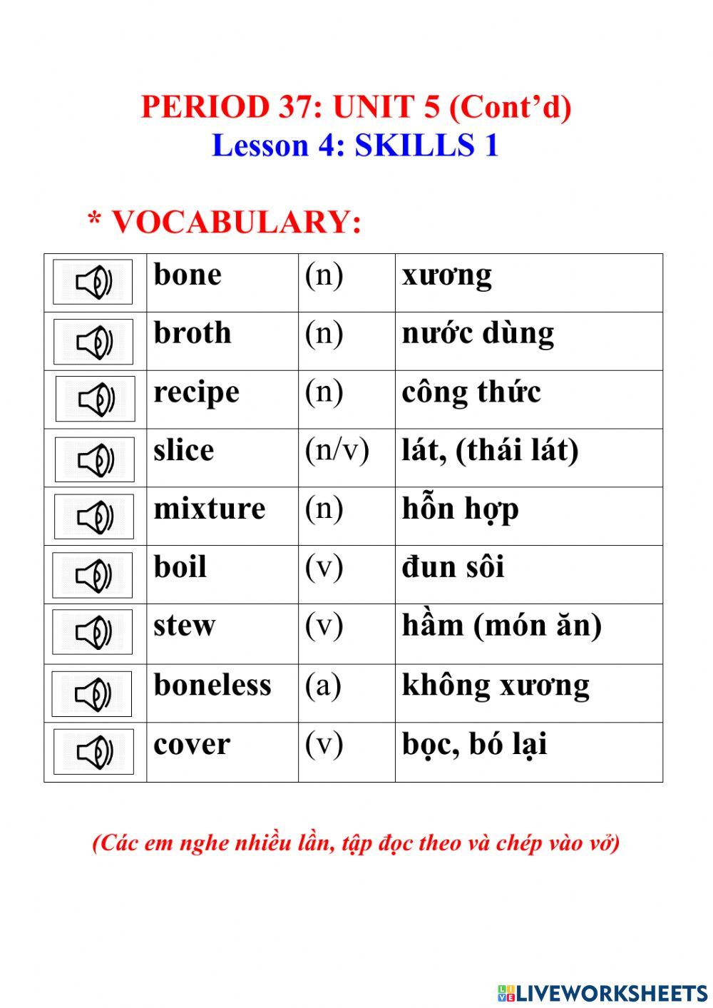 Vocabulary unit 5 skills 1 online exercise for live worksheets