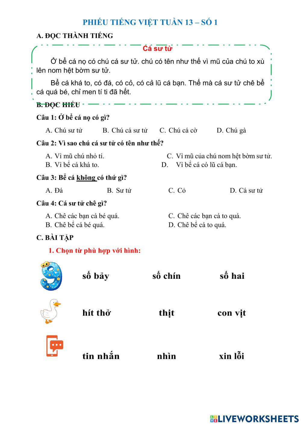 Phiếu bài tập Tiếng Việt tuần 13 - số 1