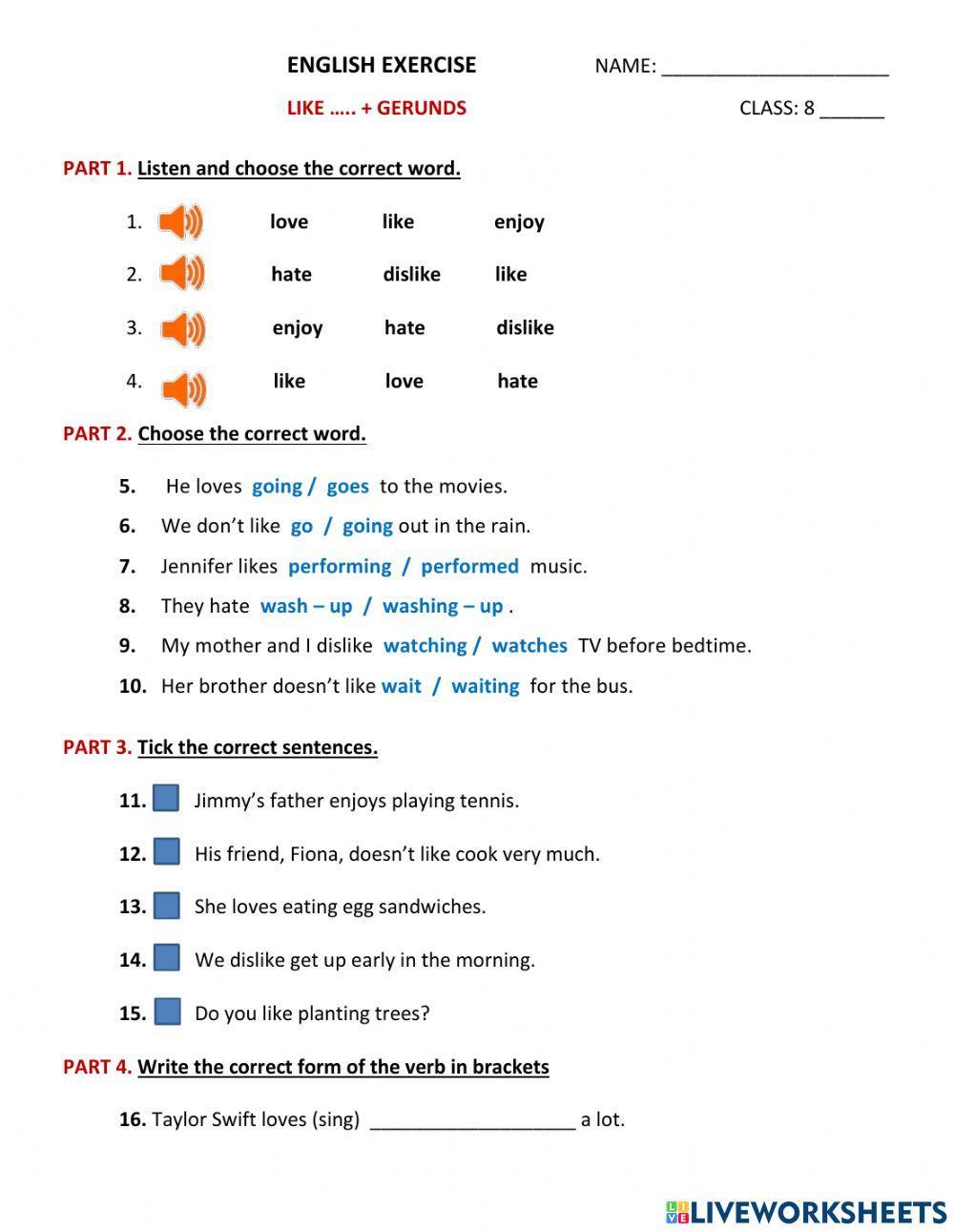 Like love enjoy… | Free Interactive Worksheets | 1711879