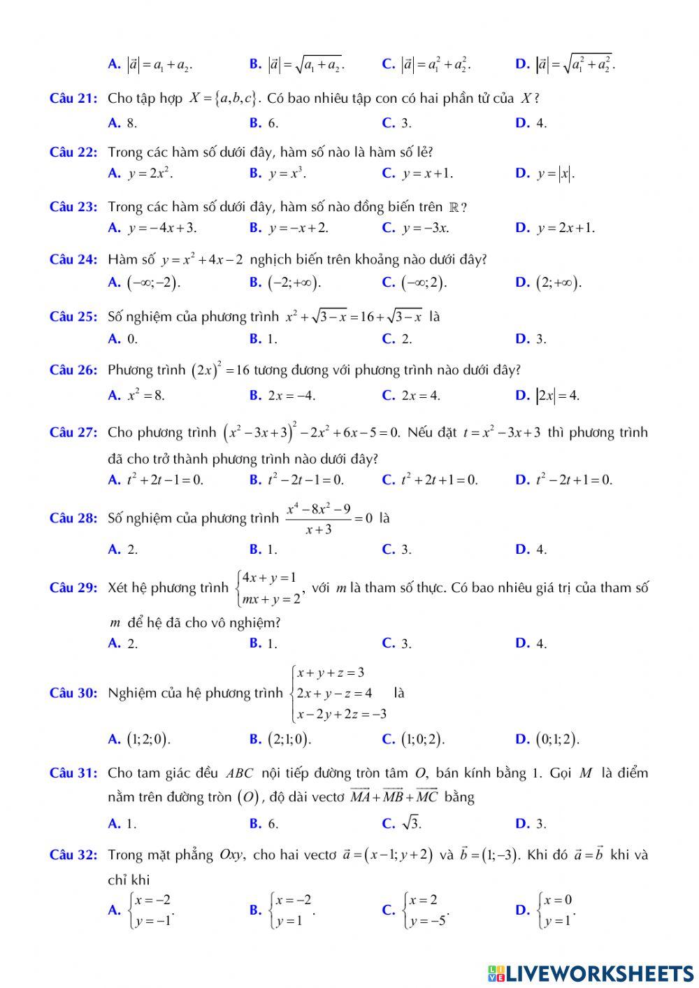 Toán 10 - Kiểm tra CK1 - Đề số 01