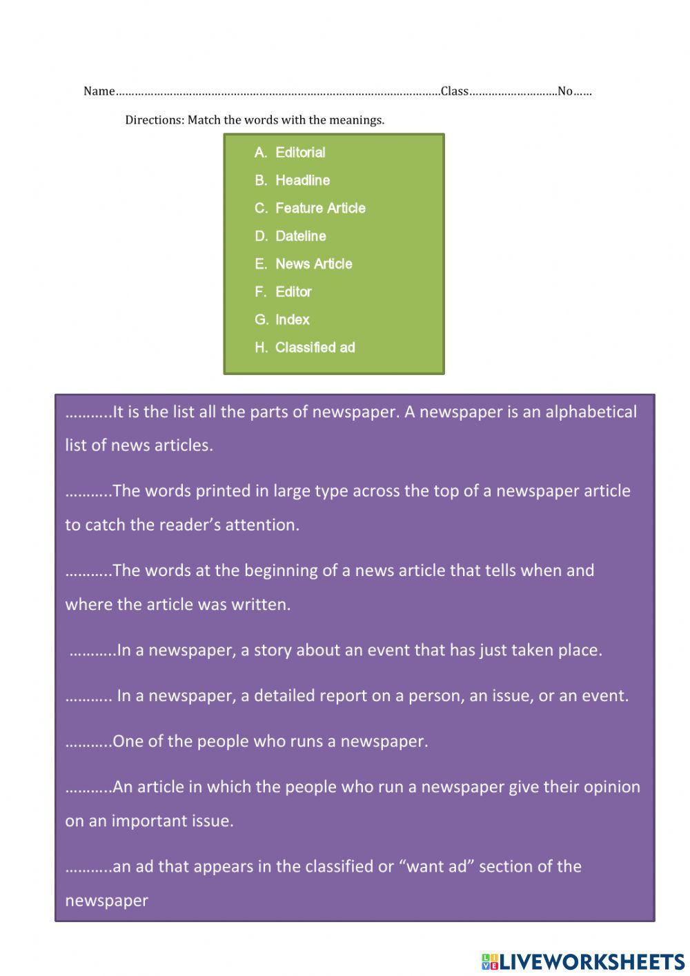 Parts of a newspaper