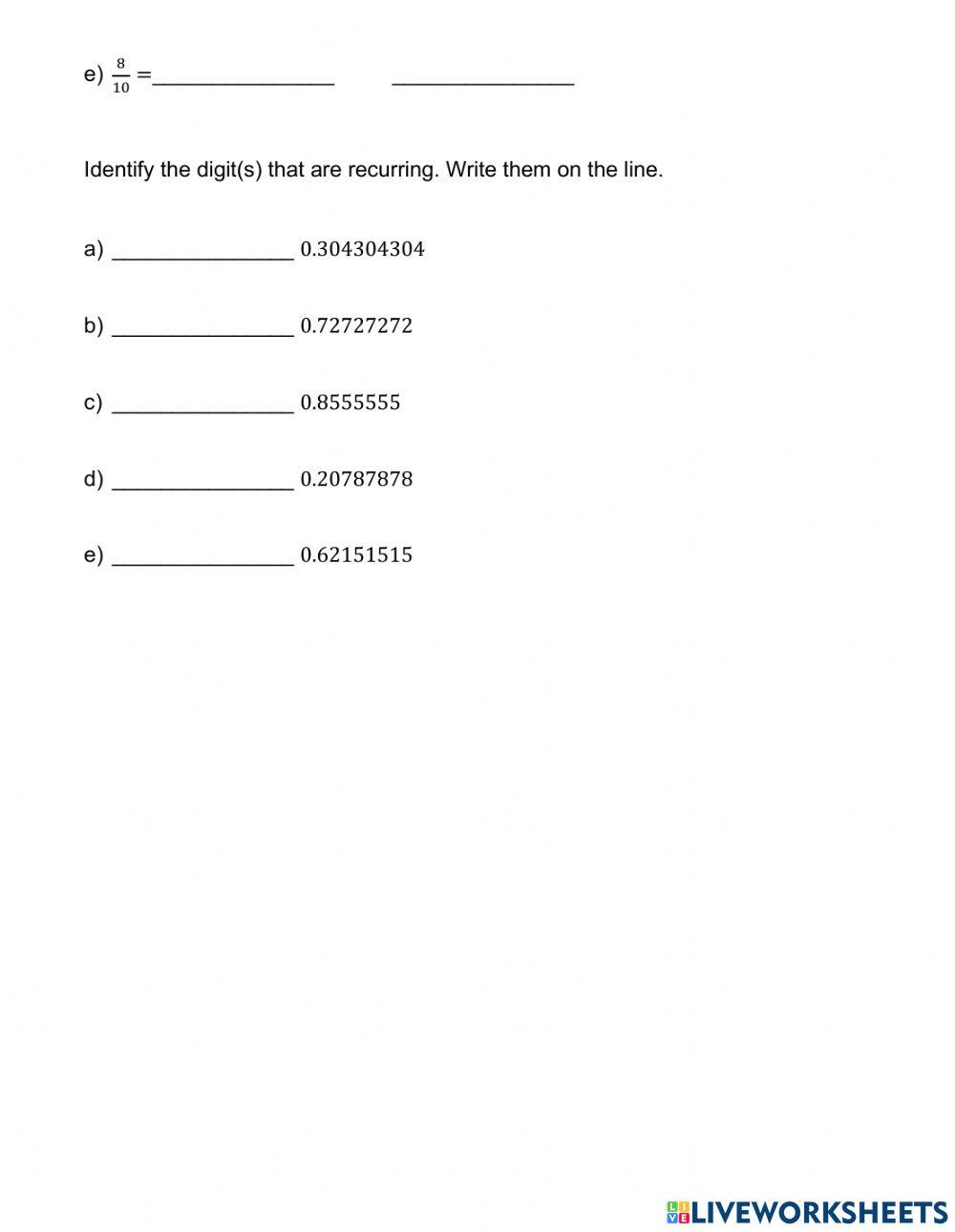 Decimals - Recurring and Terminating online exercise for | Live Worksheets