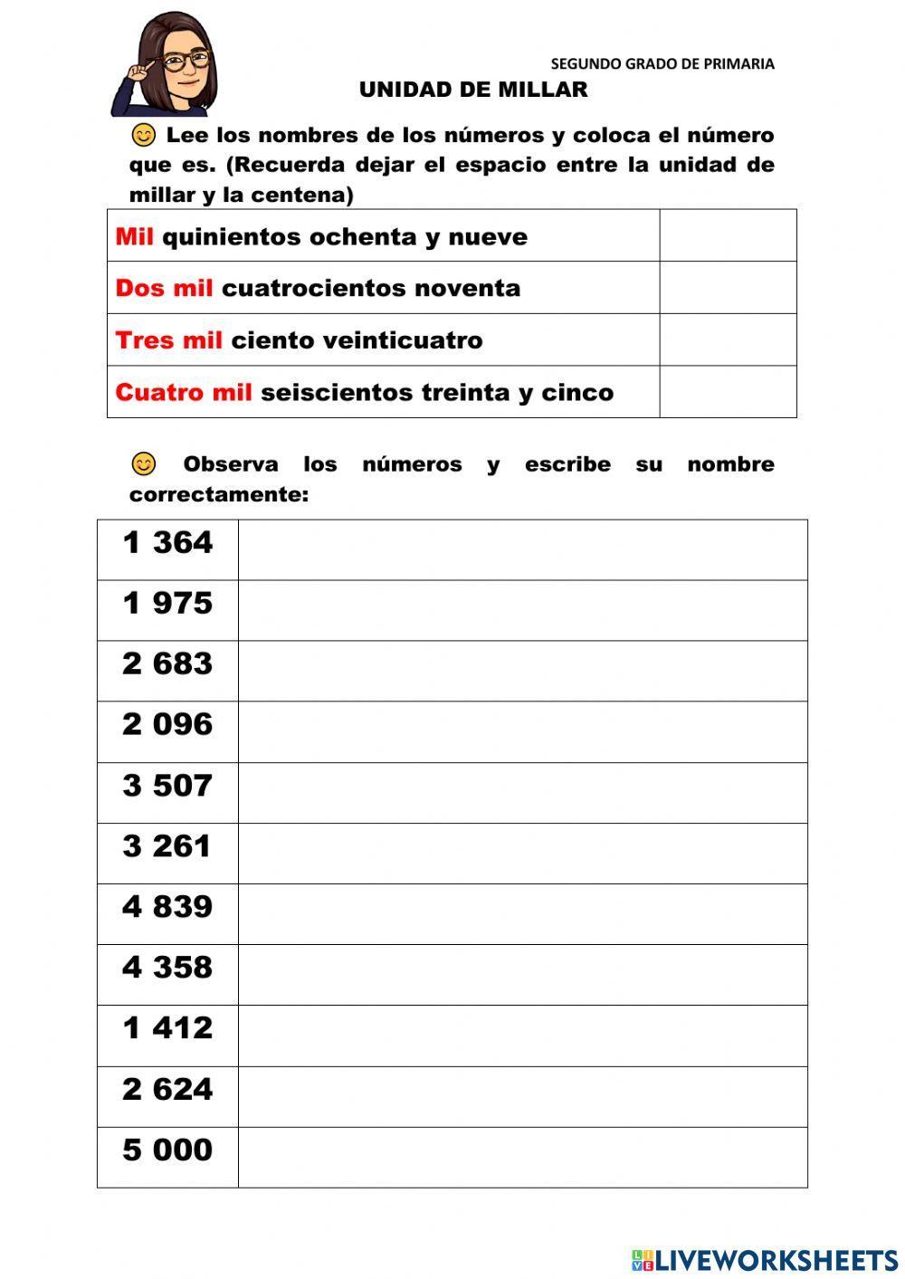 Escritura de números unidad de millar