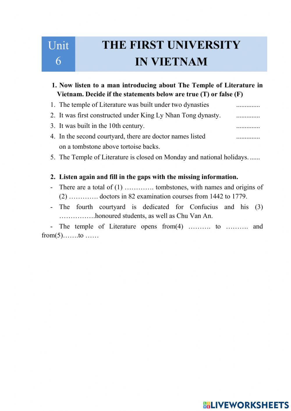 Unit 6: THE FIRST UNIVERSITY IN VIETNAM