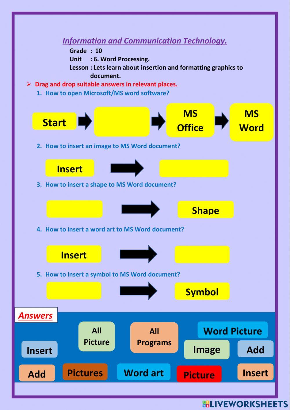 Word processing software activity | Live Worksheets