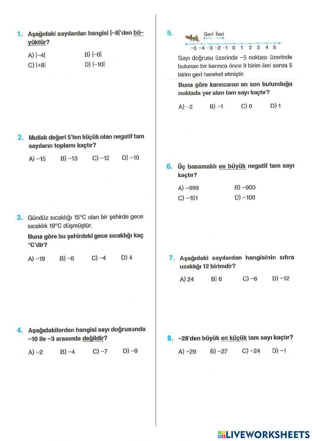 6.sinif tam sayilar test-06.12.2021