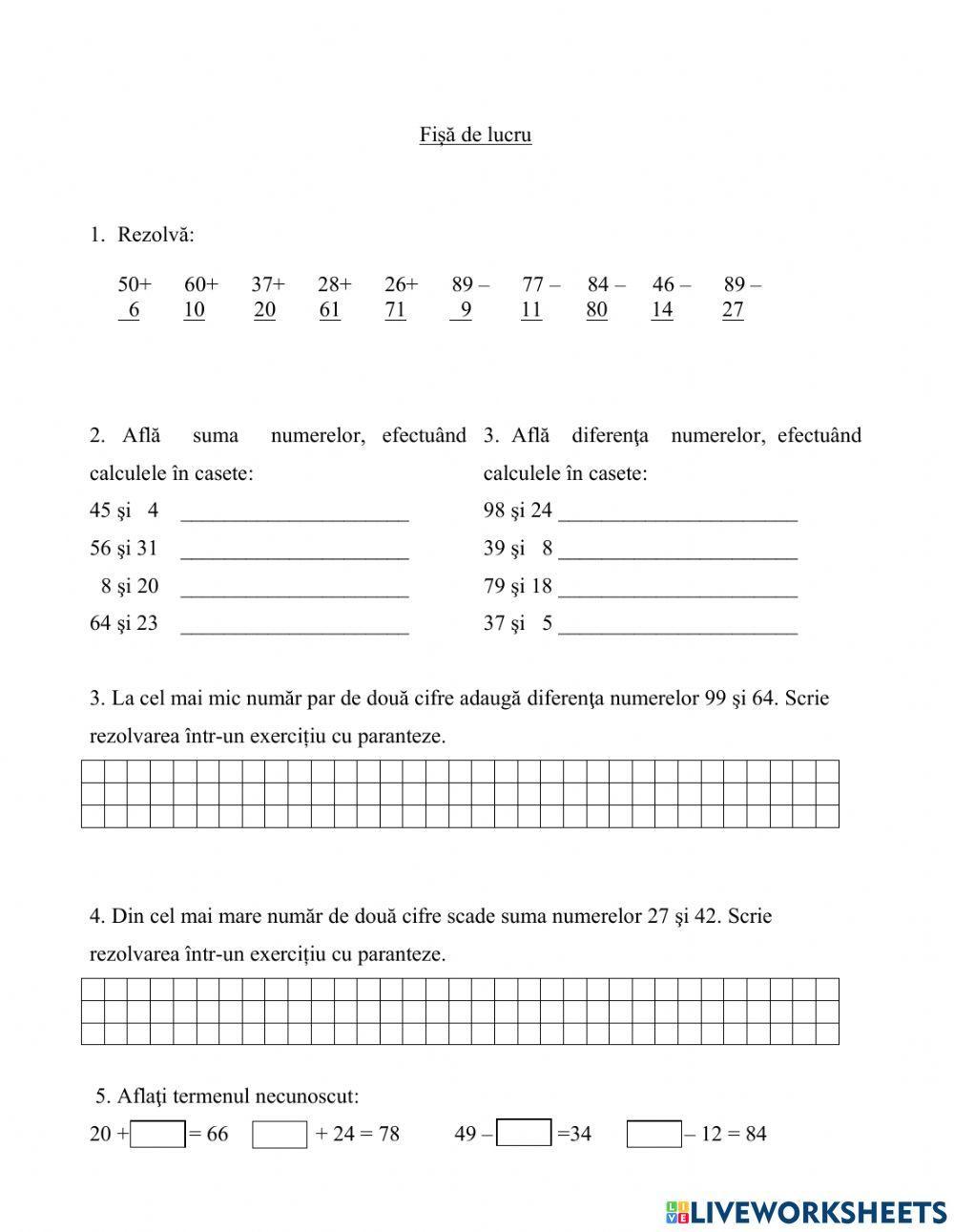 Adunarea și scăderea de la 0 la 100, fără trecere peste ordin