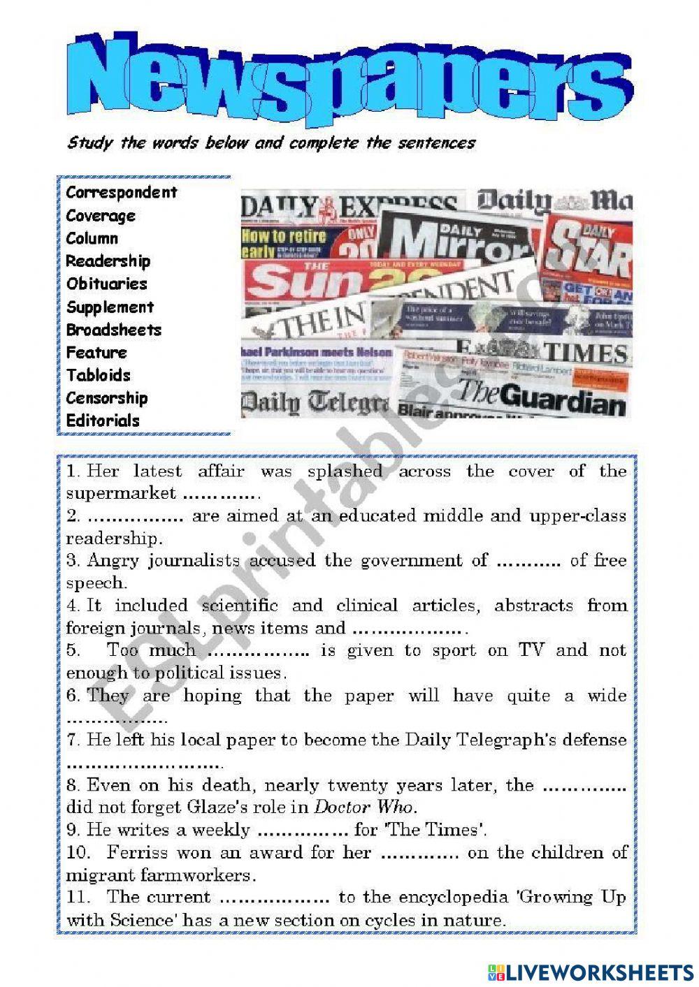 Newspapers in the UK worksheet Live Worksheets