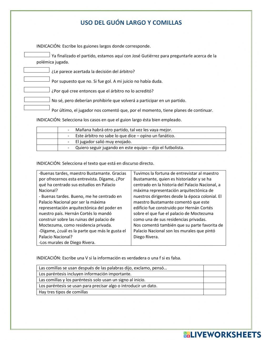 Uso del guion largo y comillas