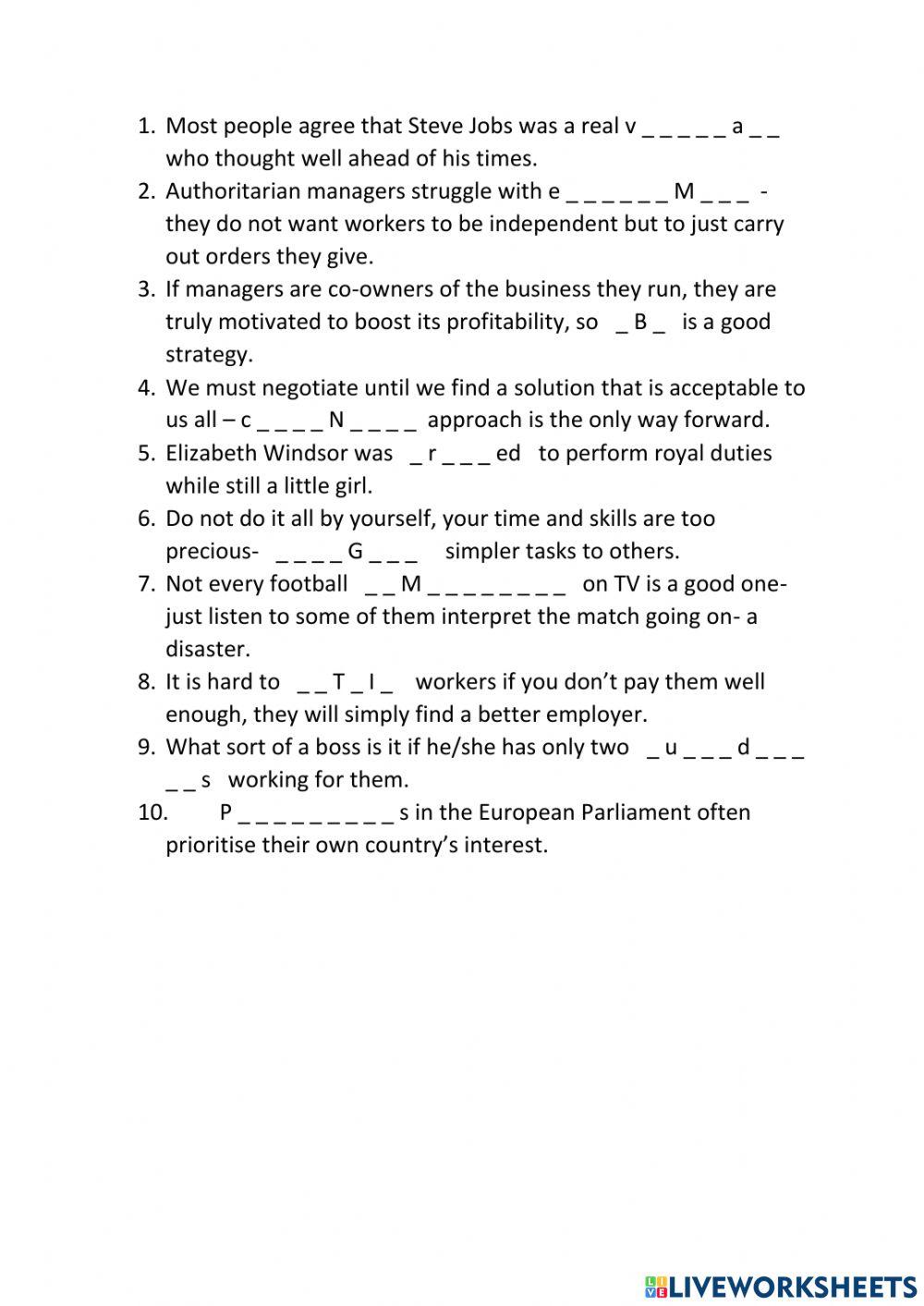 Extra vocabulary exercise on words from market leader upper intemediate b brief unit 7