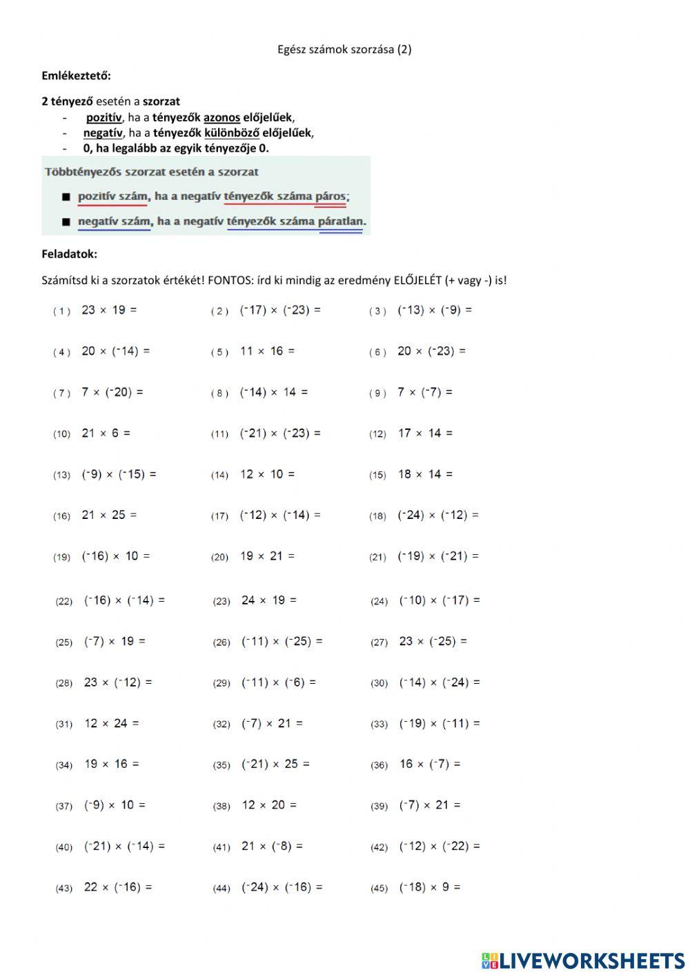 Egész számok szorzása (2)
