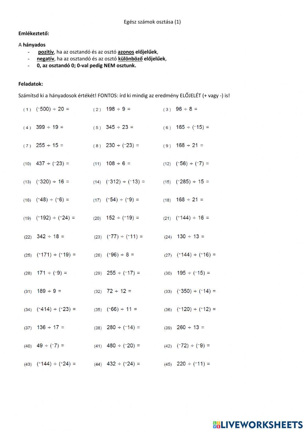 Egész számok osztása (1)