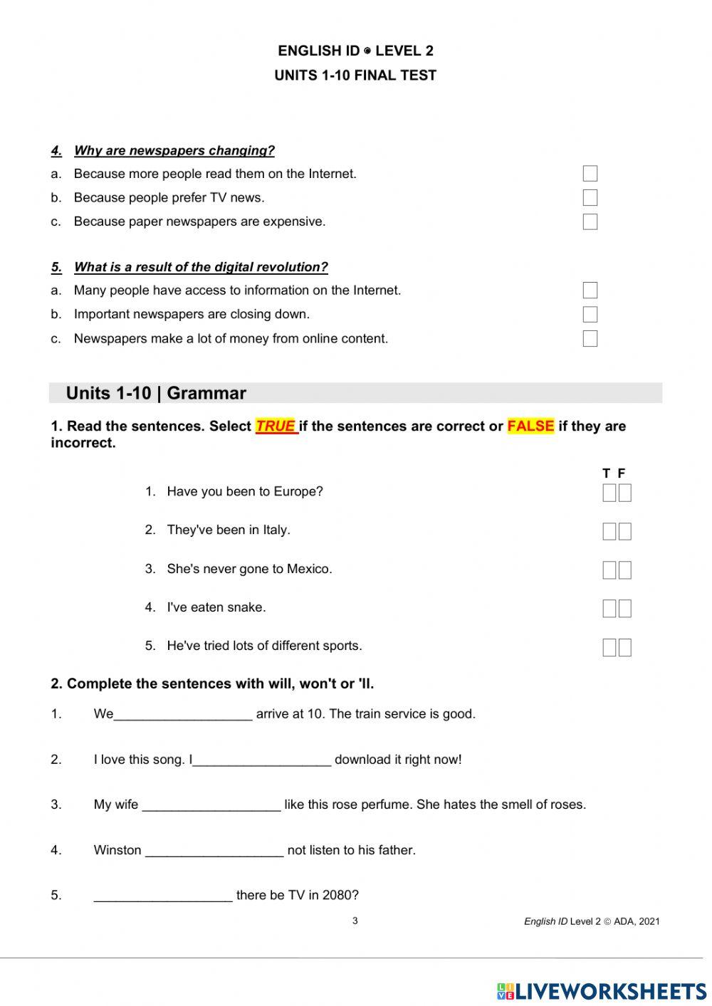 English ID 2 FINAL TEST UNITS 1-10