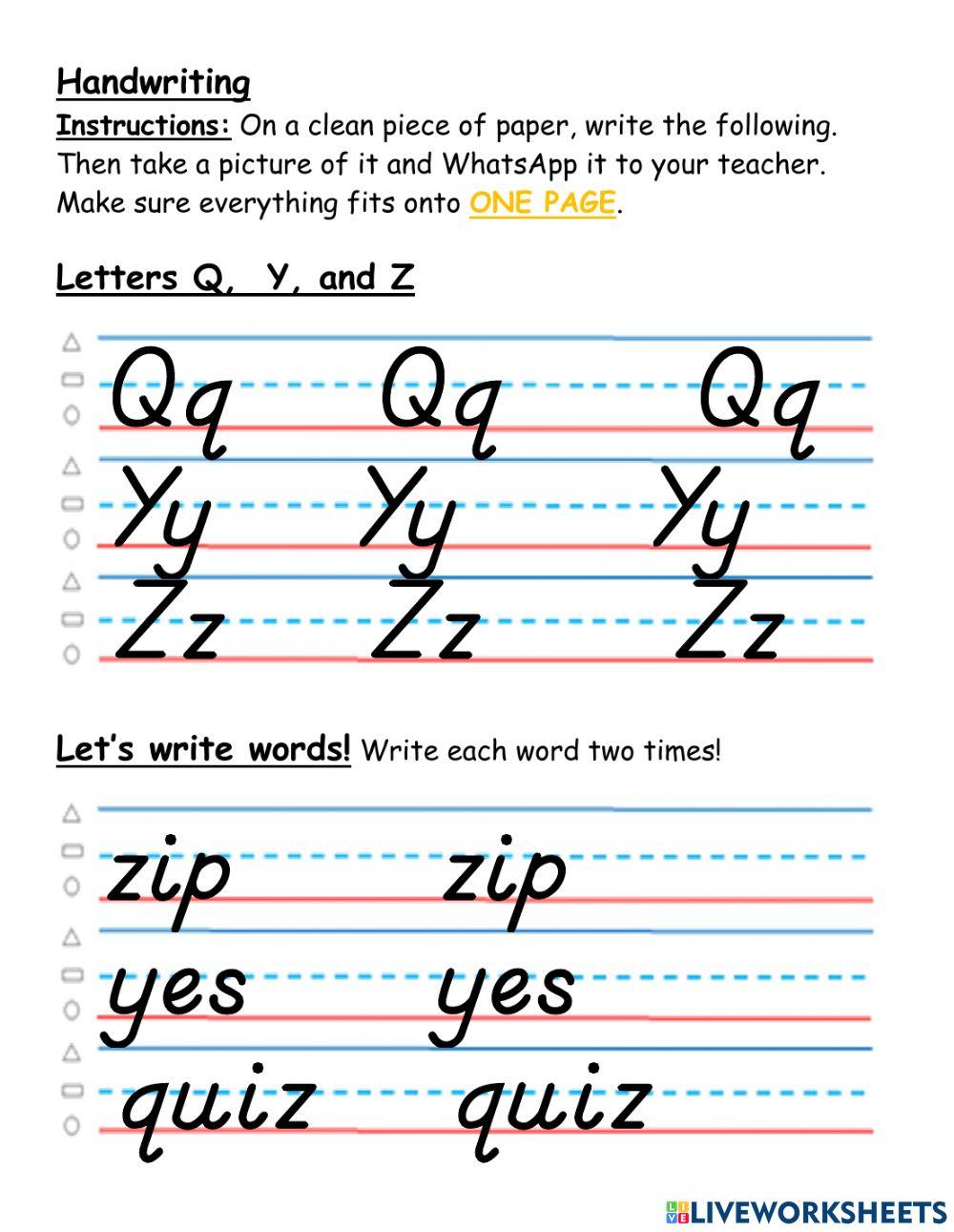 Handwriting Q, Y, and Z