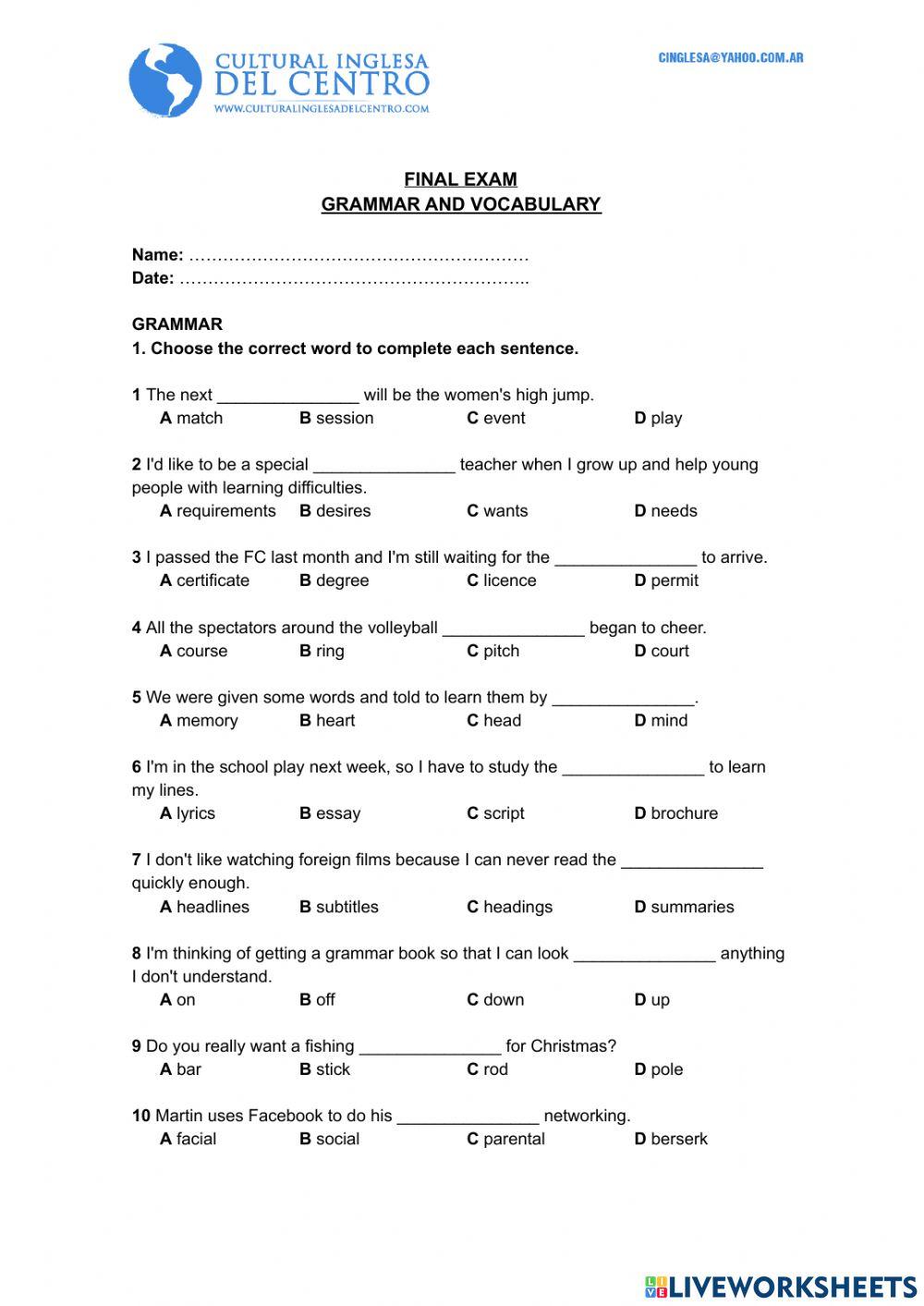 FINAL TEST - Grammar and Vocabulary (6th Adolescent)