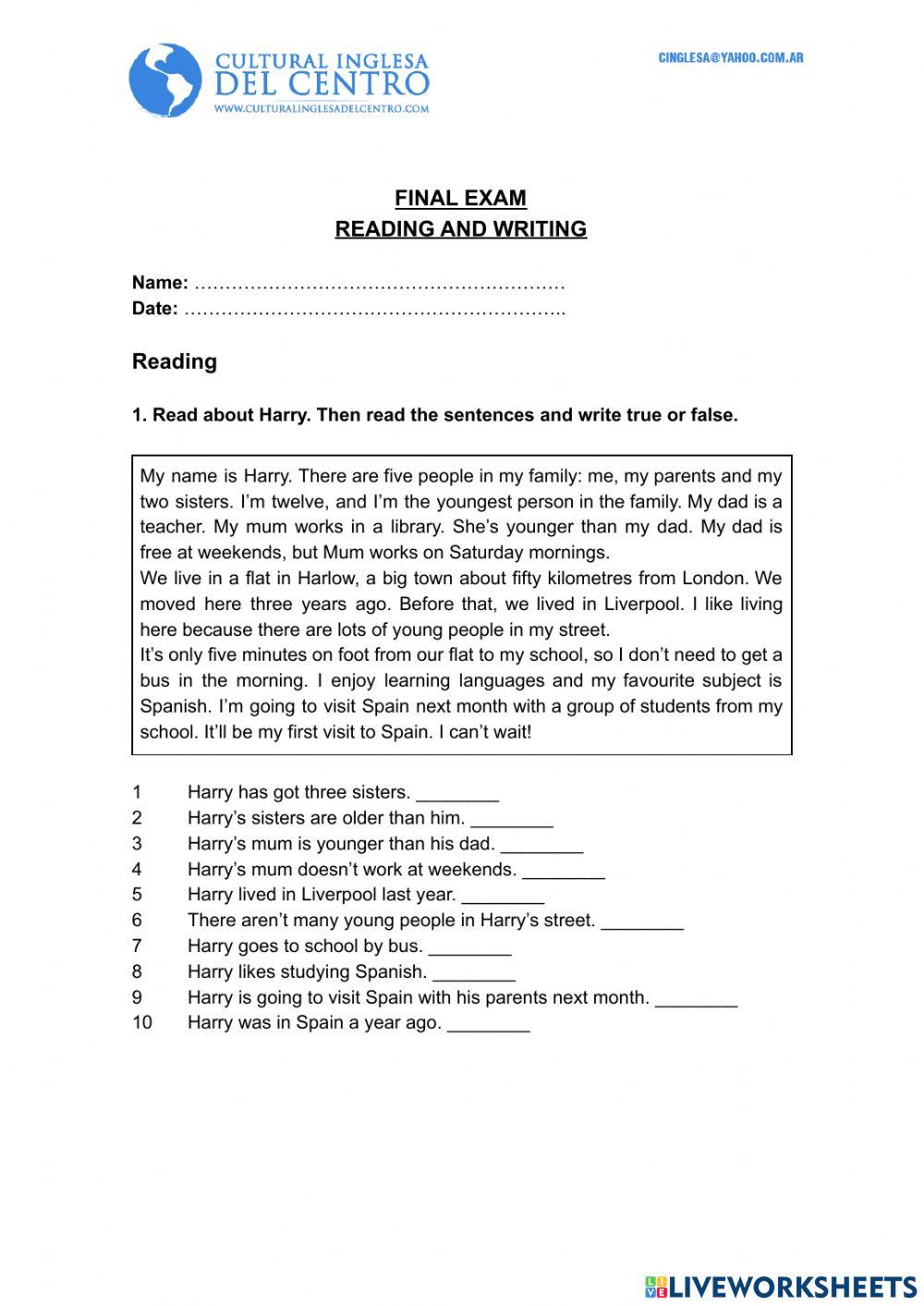 FINAL TEST - Reading and Writing Test (1st Adolescent)