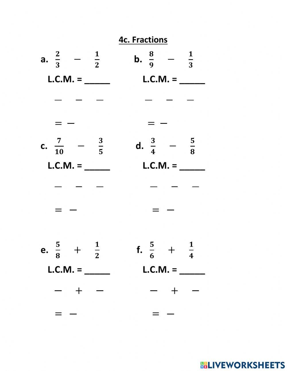 + and - fractions interactive worksheet | Live Worksheets