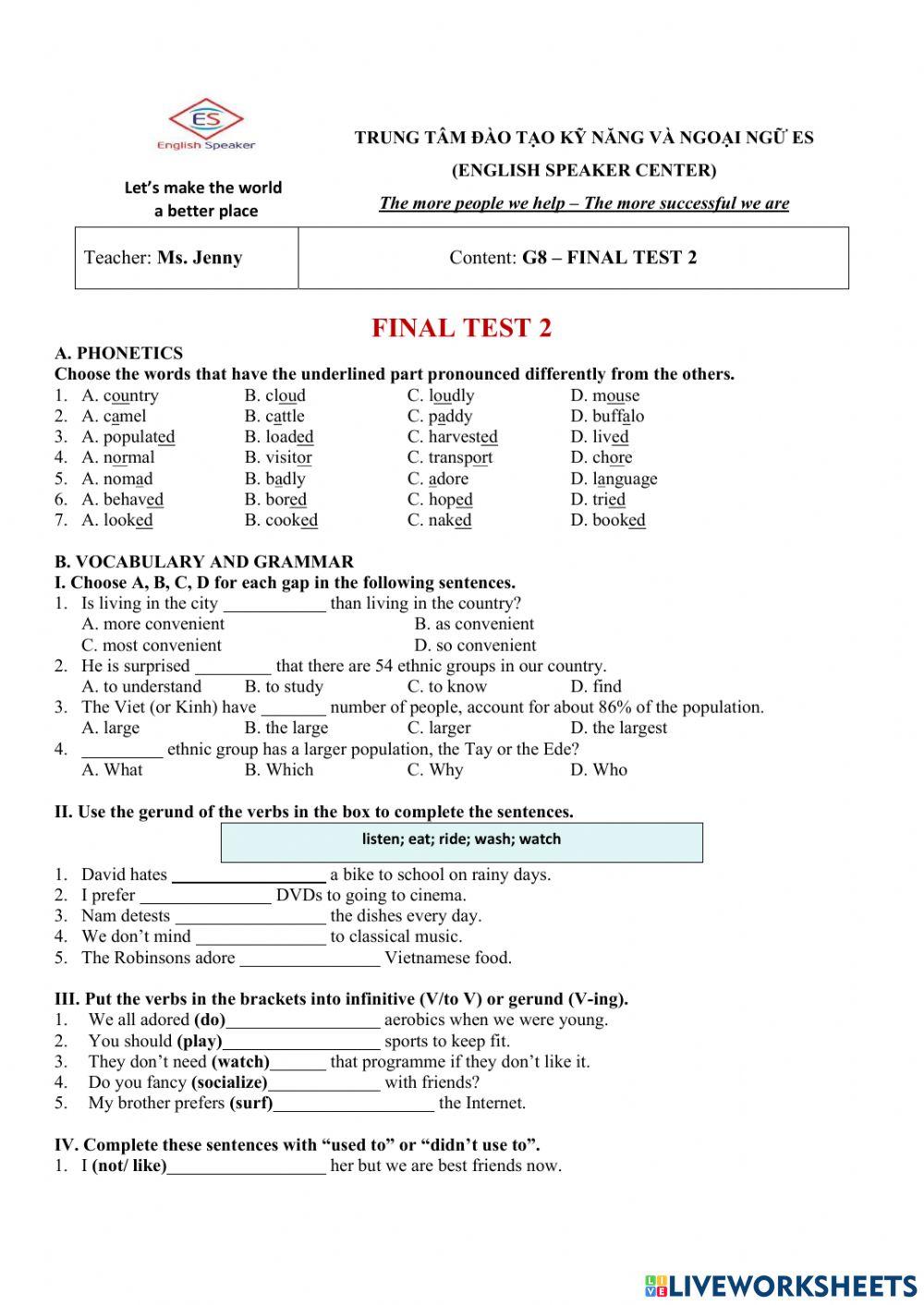 G8 - Final Test 2 - Term 1