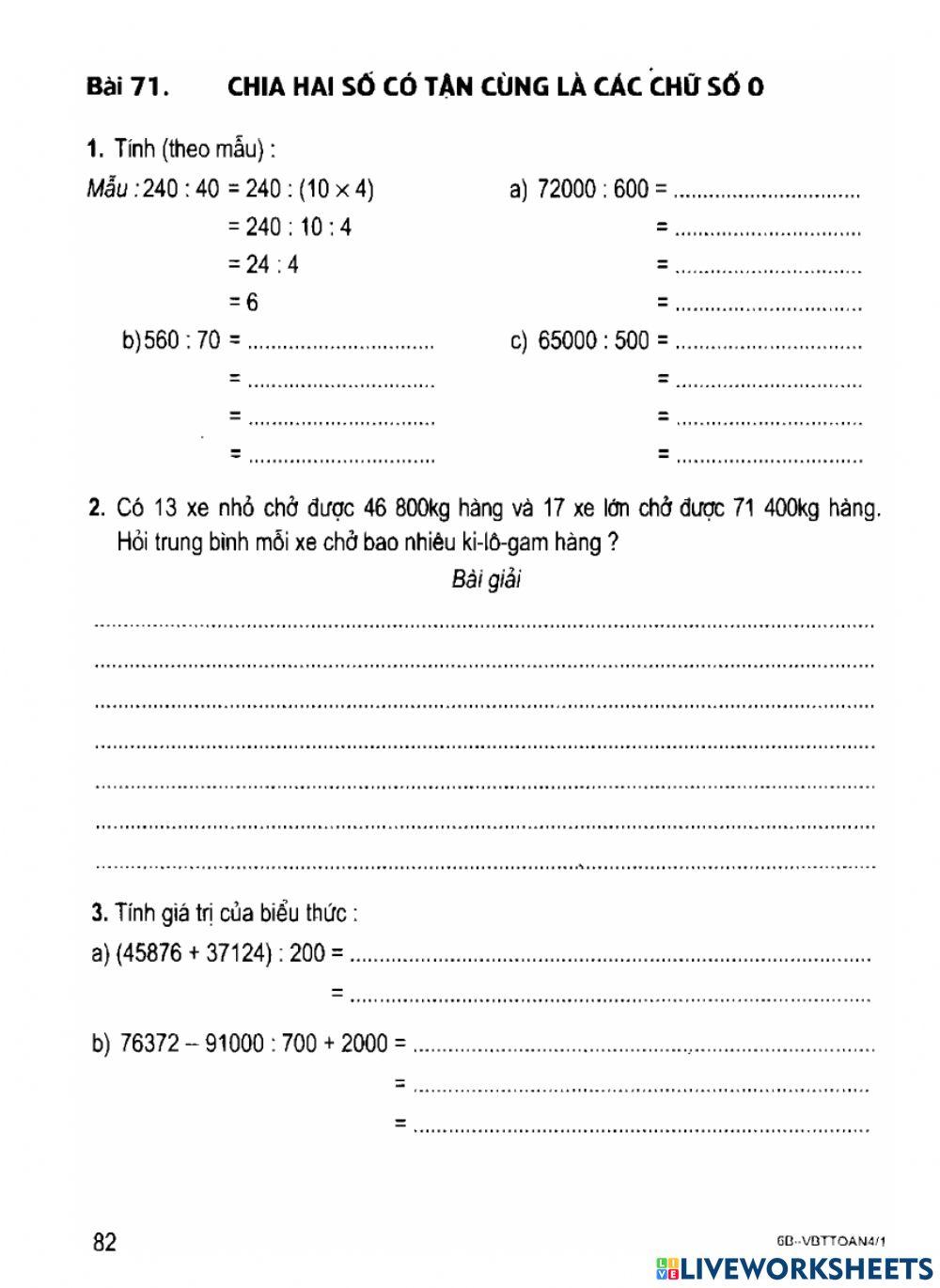 VBT Toán 4 Chia 2 số có tận cùng là các chữ số 0