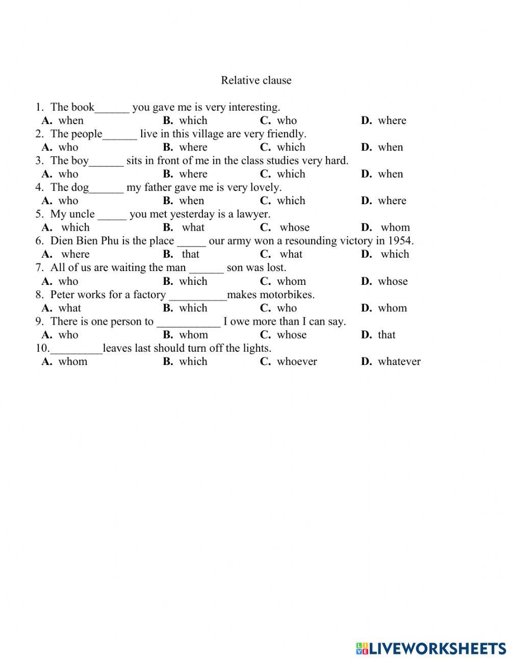 Relative clause online pdf worksheet Live Worksheets