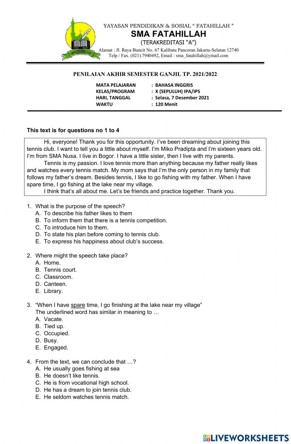 Pas bahasa inggris x