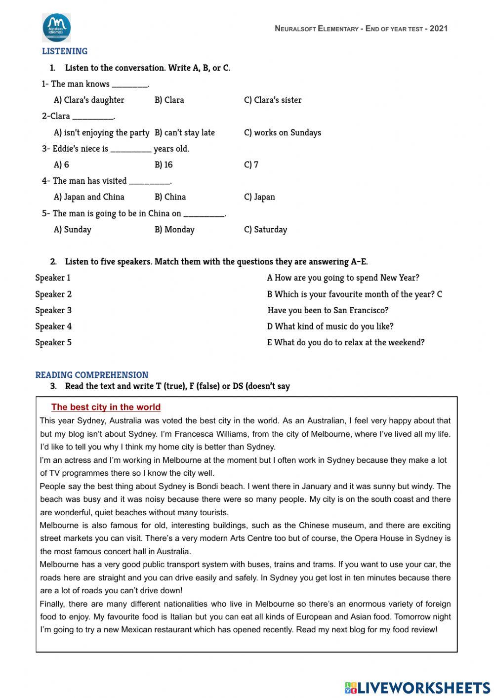 Neuralsoft elementary - End of year test