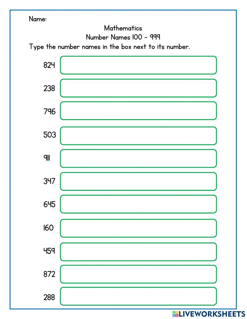 Spelling Number Names 100-999