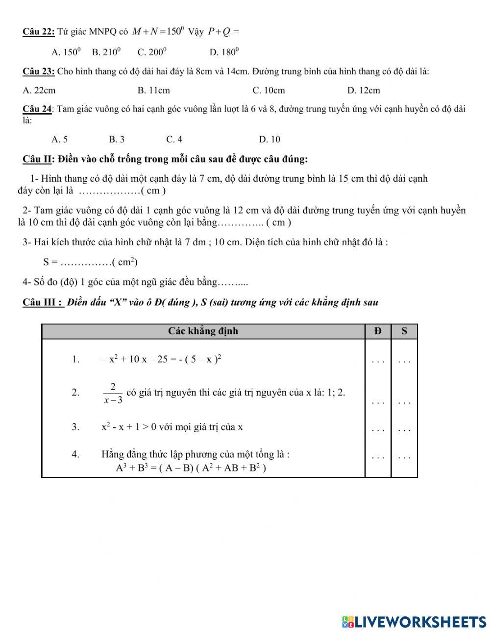 Trắc nghiệm HK1 Toán 8  10.12